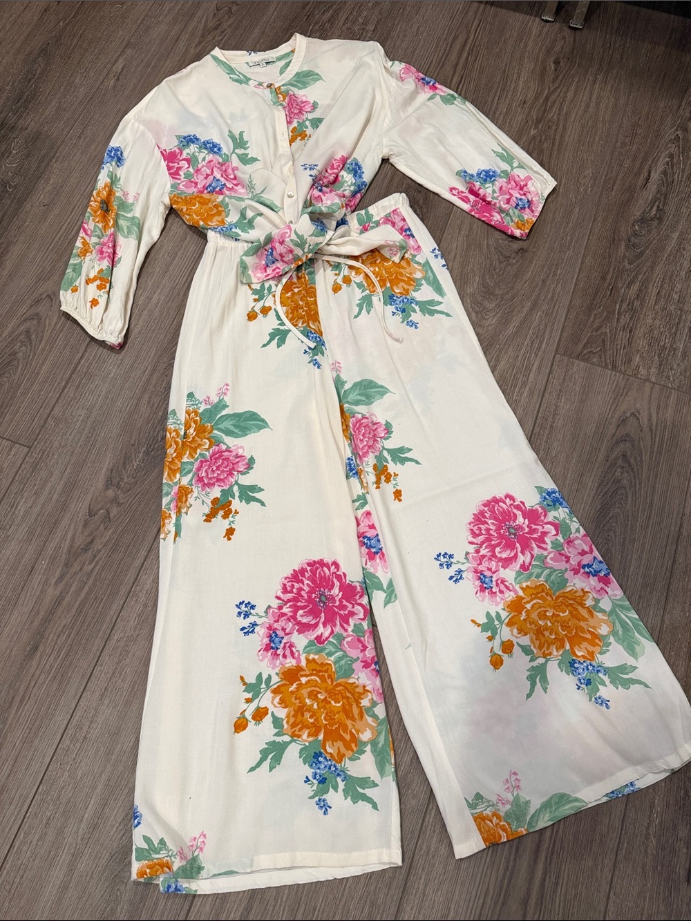 Z Supply Cream Jumpsuit with Pink & Orange Floral Print